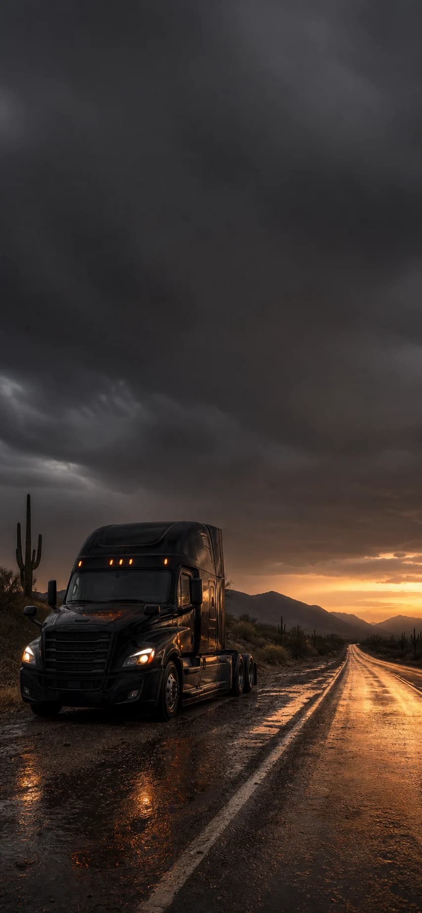 A semi truck stopped on a wet Arizona highway during a storm